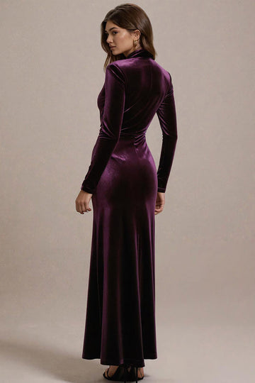 Plum Sheath Long Sleeves Black Tie Dress with Slit